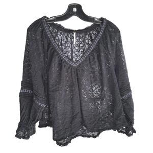 Free People Women’s Darcy Distressed Eyelet V-Neck Black Blouse - Medium